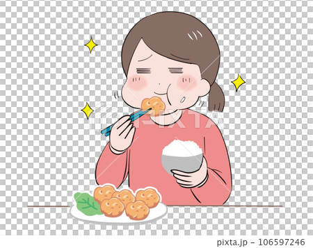 唐揚げとご飯を美味しそうに食べる私服の若い女性(上半身) 唐揚げとご飯を美味しそうに食べる私服の若い女性(上半身) 106597246