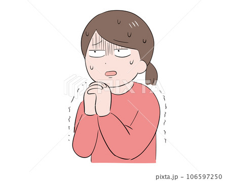 顔の前で両手を組んで困っている私服の若い女性(上半身) 顔の前で両手を組んで困っている私服の若い女性(上半身) 106597250