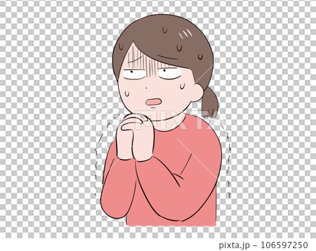 顔の前で両手を組んで困っている私服の若い女性(上半身) 顔の前で両手を組んで困っている私服の若い女性(上半身) 106597250