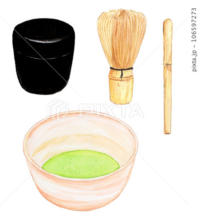 手描き水彩の抹茶椀、棗、茶筅、茶杓のセットイラスト 106597273