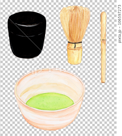 Set illustration of hand drawn watercolor matcha bowl, natsume, tea whisk and chashaku 106597273