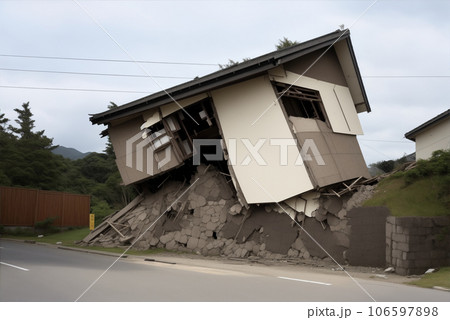 震災で壊れた家　AI生成画像 106597898