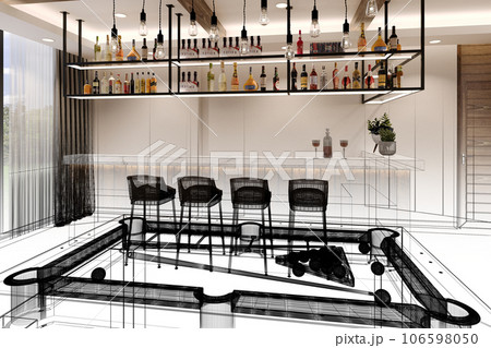 pool table with counter bar in relax room, 3d rendering wire frame pool table with counter bar in relax room, 3d rendering wire frame 106598050