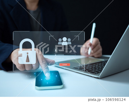 Businessman is fingers are pressing on the phone screen. Represents protection against external hacks, code protection security concepts, viruses, firmware and malware. Businessman is fingers are pressing on the phone screen. Represents protection against external hacks, code protection security concepts, viruses, firmware and malware. 106598124