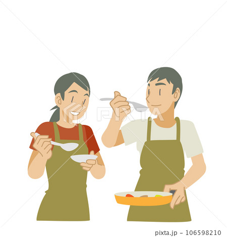 新しい料理メニューの味見をする夫婦 新しい料理メニューの味見をする夫婦 106598210