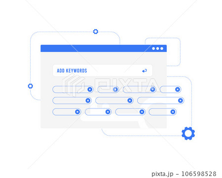 Optimizing SEO with Keyword Research tool concept. Selecting High, Mid and Low-Frequency Keywords for Blog articles, Videos and Online Store goods. Vector illustration on white background with icons 106598528