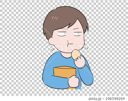 ポテトチップスを食べる私服の若い男性(上半身) 106599264