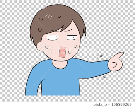 一位穿著休閒服的年輕男子(上身)用困惑和驚訝的表情指著 一位穿著休閒服的年輕男子(上身)用困惑和驚訝的表情指著 106599269