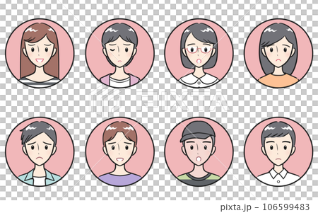 穿著便衣、消極表情、圓形圖標集、粉色的初中生和高中生男女 穿著便衣、消極表情、圓形圖標集、粉色的初中生和高中生男女 106599483