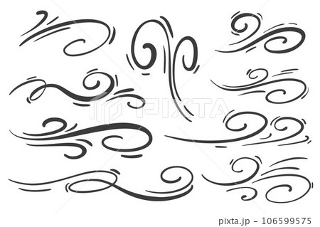 Wind and air motion lines. Hand drawn cartoon sketch. Doodle swirl waves of smoke. Spiral curve breeze flow. Vector art Wind and air motion lines. Hand drawn cartoon sketch. Doodle swirl waves of smoke. Spiral curve breeze flow. Vector art 106599575