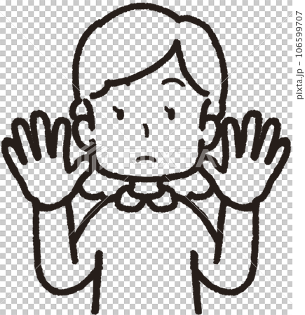 Upper body line drawing illustration of a woman raising both hands Upper body line drawing illustration of a woman raising both hands 106599707