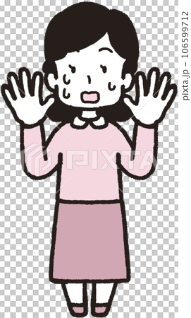 一個女人舉起雙手出汗、驚慌失措的全身插圖 一個女人舉起雙手出汗、驚慌失措的全身插圖 106599712