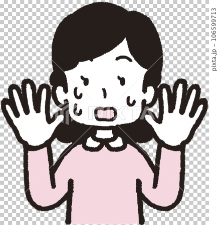 一個女人出汗、驚慌地舉起雙手的上半身插圖 106599713