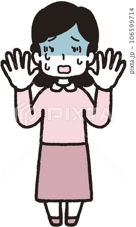 両手を上げて蒼褪めている女性の全身イラスト 106599714
