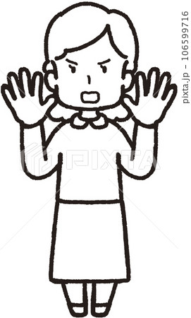 両手を上げて怒っている女性の全身線画イラスト 両手を上げて怒っている女性の全身線画イラスト 106599716