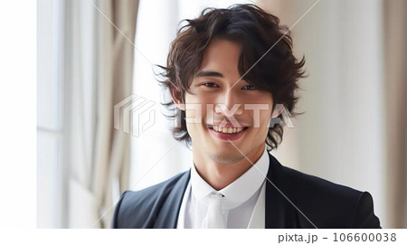 新郎・花婿（結婚式のブライズルームでタキシードを着るアジア人男性） 106600038