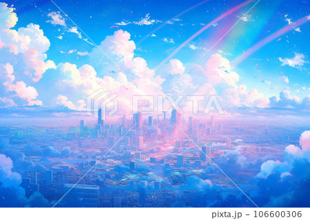 [AI生成画像]空から夕暮れの都会 106600306