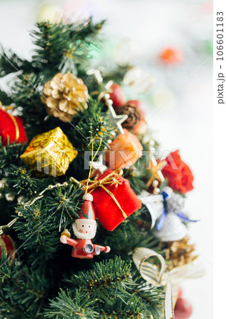 Composition with Christmas decorations fir tree on white background Composition with Christmas decorations fir tree on white background 106601183