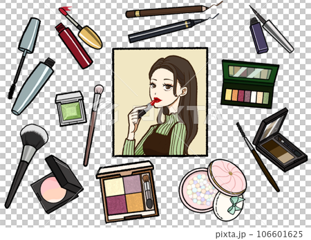 Woman doing makeup and makeup supplies Woman doing makeup and makeup supplies 106601625