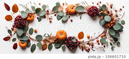 Thanksgiving day or Halloween concept banner. Top view white background decor from pumpkin, red berry, green leaves with copy space. autumn and fall season background. Thanksgiving day or Halloween concept banner. Top view white background decor from pumpkin, red berry, green leaves with copy space. autumn and fall season background. 106601710