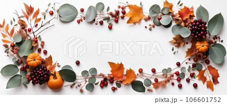 Thanksgiving day or Halloween concept banner. Top view white background decor from pumpkin, red berry, green leaves with copy space. autumn and fall season background. Thanksgiving day or Halloween concept banner. Top view white background decor from pumpkin, red berry, green leaves with copy space. autumn and fall season background. 106601752
