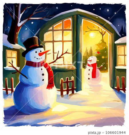 Happy Snowman is standing in the door, Merry Christmas, Happy New Year greeting card, Vector illustration Happy Snowman is standing in the door, Merry Christmas, Happy New Year greeting card, Vector illustration 106601944