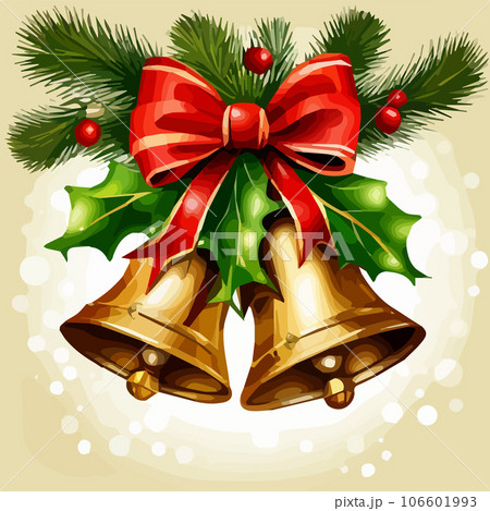 Vector Christmas Background with Two Bells and red bow, vector illustration 106601993