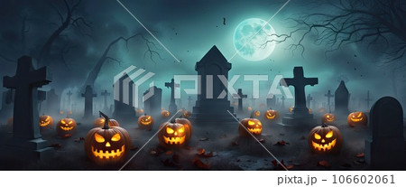 Artistic concept of Halloween background with pumpkin in a spooky Graveyard at night with full moon, Natural color, digital art style, illustration painting. Creative Design, 106602061