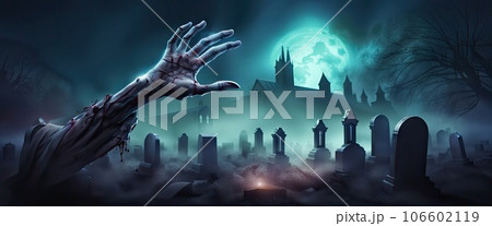 Zombie hands are rising from grave in spooky night. Halloween night background. banner. Horror scene of graveyard. Spooky and creepy graveyard. Zombie hands are rising from grave in spooky night. Halloween night background. banner. Horror scene of graveyard. Spooky and creepy graveyard. 106602119