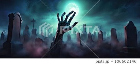 Zombie hands are rising from grave in spooky night. Halloween night background. banner. Horror scene of graveyard. Spooky and creepy graveyard. 106602146