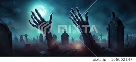 banner Halloween Background With Undead Zombie Hand at night with a full moon in a cemetery 106602147