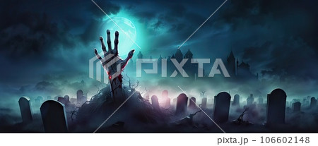 dark banner Zombie hand rise from the grave. Halloween design with zombie graveyard at night with full moon 106602148