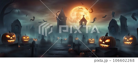Artistic concept of Halloween background with pumpkin in a spooky Graveyard at night with full moon, Natural color, digital art style, illustration painting. Creative Design, Artistic concept of Halloween background with pumpkin in a spooky Graveyard at night with full moon, Natural color, digital art style, illustration painting. Creative Design, 106602268