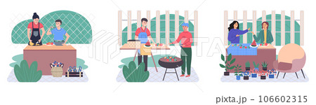 People cooking vegetarian food. Vector illustration. Set of characters cooking meal home. Woman preparing food for dinner. People cooking. Wife preparing healthy alternative from vegetarian nutrition 106602315
