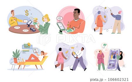 Cashless payment. Vector illustration. Cashless transactions are traceable, which chelp in tracking expenses and budgeting The simplicity and speed of contactless payments make them popular among busy Cashless payment. Vector illustration. Cashless transactions are traceable, which chelp in tracking expenses and budgeting The simplicity and speed of contactless payments make them popular among busy 106602321