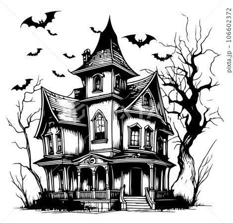 Haunted House silhouette with bats and tree Hand Drawn Sketch Illustration Halloween Cartoon Haunted House silhouette with bats and tree Hand Drawn Sketch Illustration Halloween Cartoon 106602372