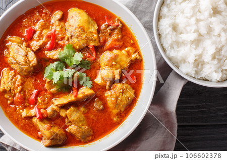 Spicy Burmese chicken curry in a sauce consisting of onion, ginger, lemongrass, pepper, garlic and tomato close-up in a bowl. Horizontal top view Spicy Burmese chicken curry in a sauce consisting of onion, ginger, lemongrass, pepper, garlic and tomato close-up in a bowl. Horizontal top view 106602378