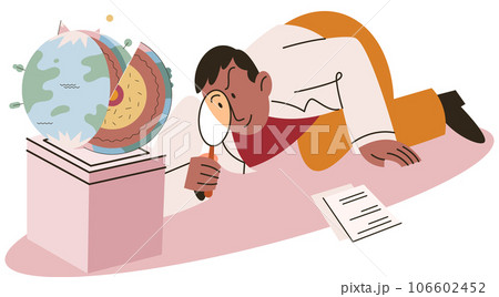 Scientist studying earth layers, examines section of globe with magnifying glass. Core, mantle, crust and lithosphere geological examination and inner section structure exploration with planet model Scientist studying earth layers, examines section of globe with magnifying glass. Core, mantle, crust and lithosphere geological examination and inner section structure exploration with planet model 106602452