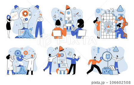 Team solving complex problems. Teamwork vector illustration metaphor. Creative business solutions related Innovation team management Team solves problems and generates ideas People analyzing business Team solving complex problems. Teamwork vector illustration metaphor. Creative business solutions related Innovation team management Team solves problems and generates ideas People analyzing business 106602508