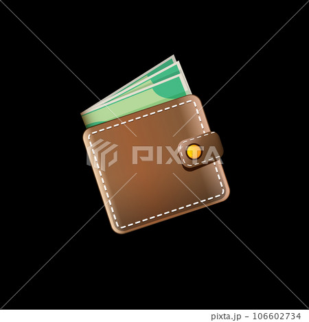 vector brown wallet with green paper dollars money isolated on black button background. finance mobile app or mobile banking icon, label and sign design template. Wallet with money top view 106602734