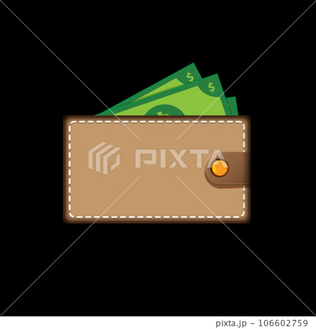 vector brown wallet with green paper dollars money isolated on black button background. finance mobile app or mobile banking icon, label and sign design template. Wallet with money top view 106602759