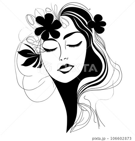 sketch Woman Line Art Minimalist Logo. Nature Organic Cosmetics Makeup. Flower head Feminine Illustration drawing. Woman face with flowers 106602873