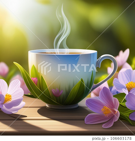 Creative layout made cup tea and flowers on wooden table, on blurred background in garden. Generative ai illustration 106603178