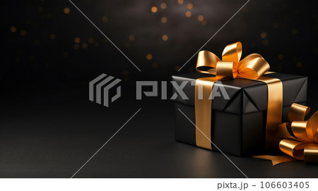 Black giftbox background with copyspace for yor text. Black friday concept. Generative AI. 106603405