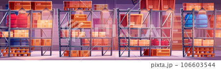 Warehouse interior with boxes on shelves Warehouse interior with boxes on shelves 106603544