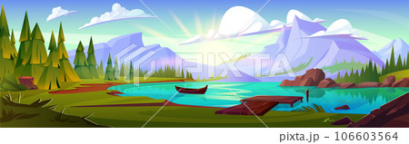 Forest and mountain lake nature cartoon background 106603564