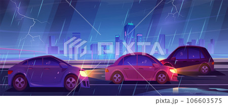 Cars drive in rain with thunderstorm in city 106603575