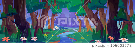 Rain in forest with river nature cartoon landscape Rain in forest with river nature cartoon landscape 106603578