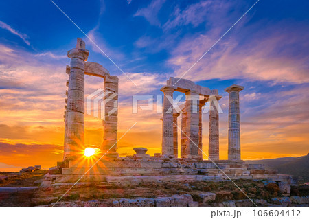 Sunset sky and ancient ruins of temple of Poseidon, Sounion, Greece 106604412