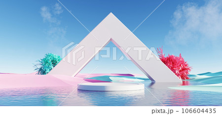 3d Render, Abstract Surreal pastel landscape background with arches and podium for showing product, panoramic view, Colorful dune scene with copy space, blue sky and cloudy, Minimalist decor design 106604435